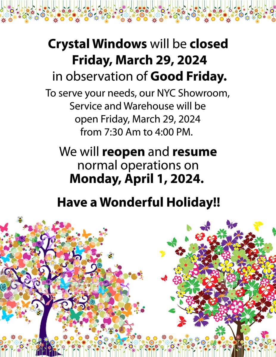 Crystal Windows will be closed on Friday, March 29th, in honor of Good Friday #CrystalWindows #MadeInUSA #GoodFriday
