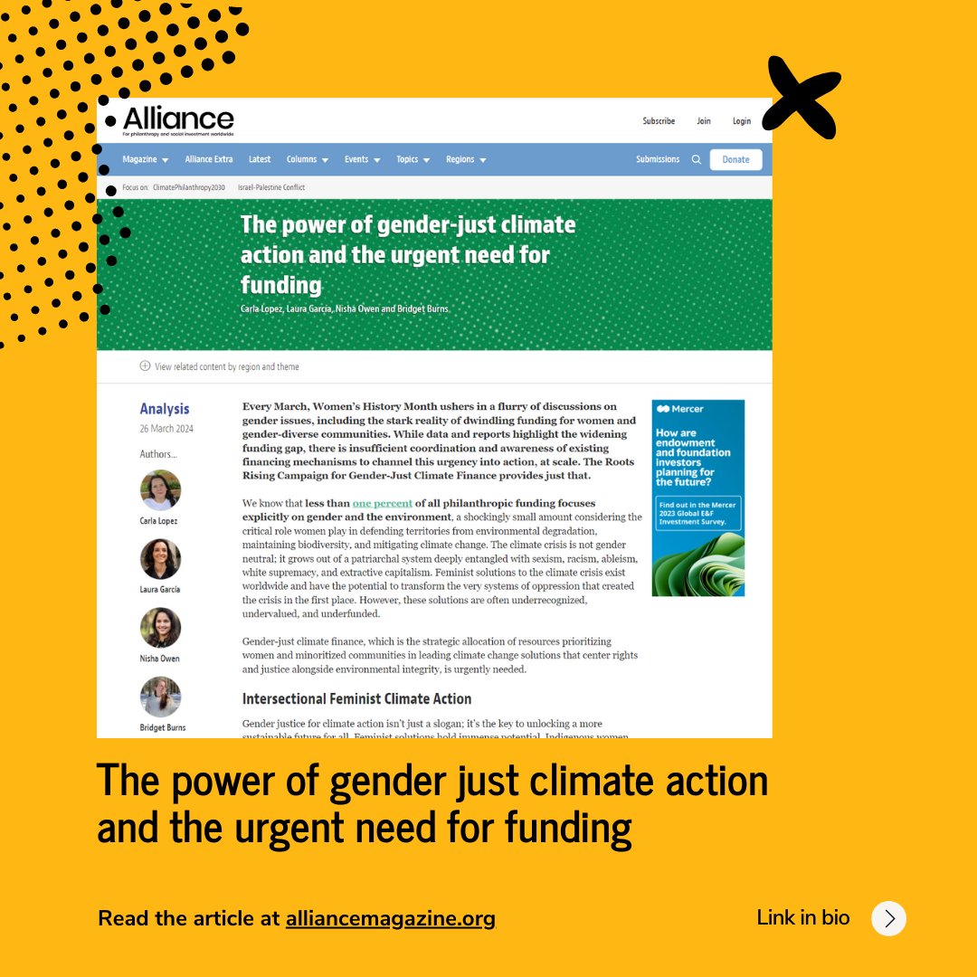 Read our latest article in @Alliancemag on the transformative power of gender-just climate action! 💪📷 Feminist climate solutions are key, yet underrecognized & underfunded. Time to channel urgency into action #ClimateJustice #GenderEquality #RootsRising alliancemagazine.org/analysis/the-t…