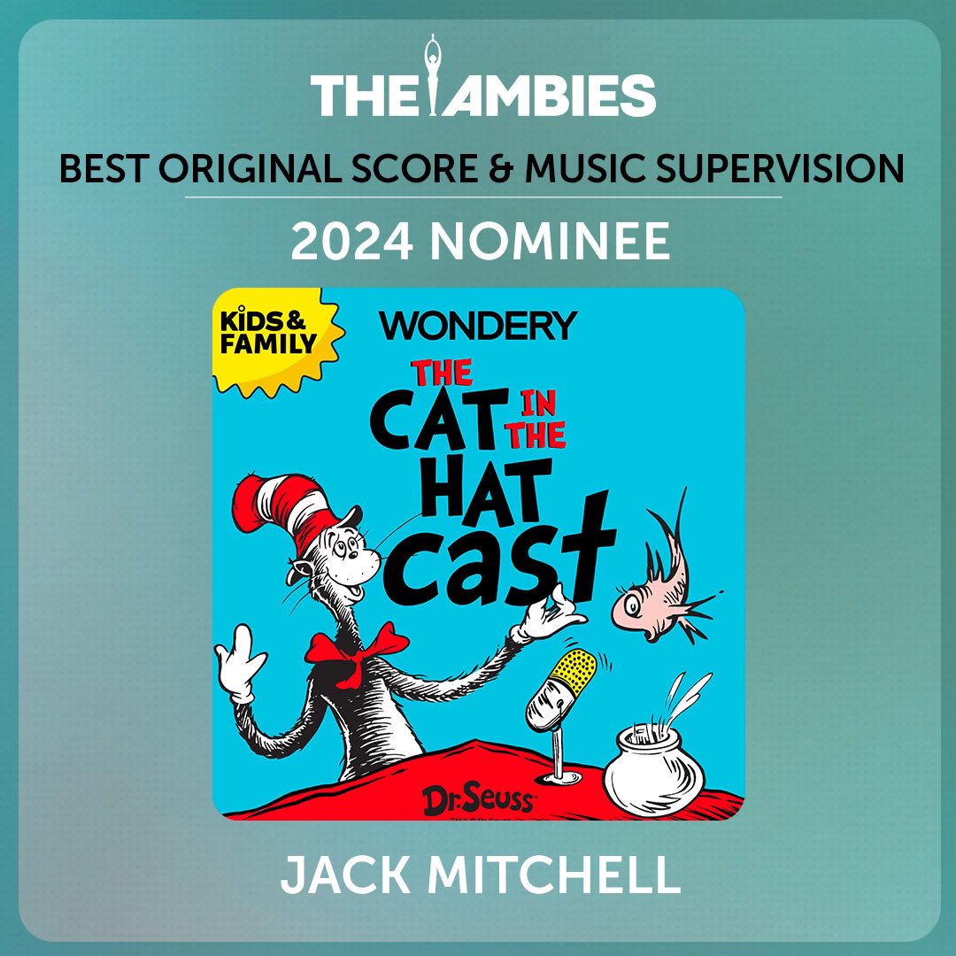 Watch The Ambies live at 9pm ET/6pm PT! We’re nominated for The Cat in the Hat Cast. Best Kids Podcast will be presented 7th and Best Original Score 10th! youtube.com/live/DBGu0bbnr…