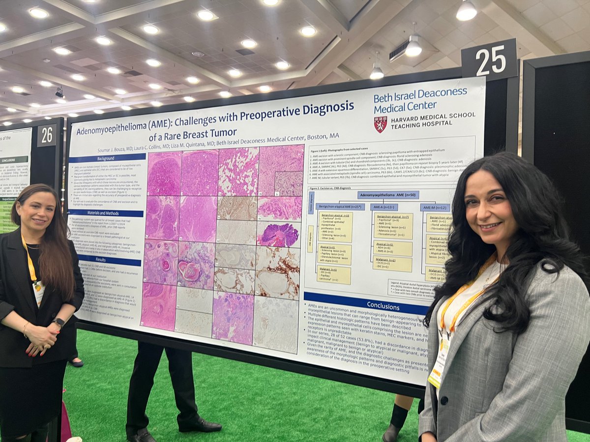 ▶️Dr L. Quintana (@LizaMQuintana, director of Breast pathology fellowship) and our breast pathology fellow Dr. S. Bouza (@SoumarSchool) with their poster for 'Adenomyoepithelioma: Challenges with preoperative diagnosis of a rare breast tumor' So proud of them both! #uscap2024…