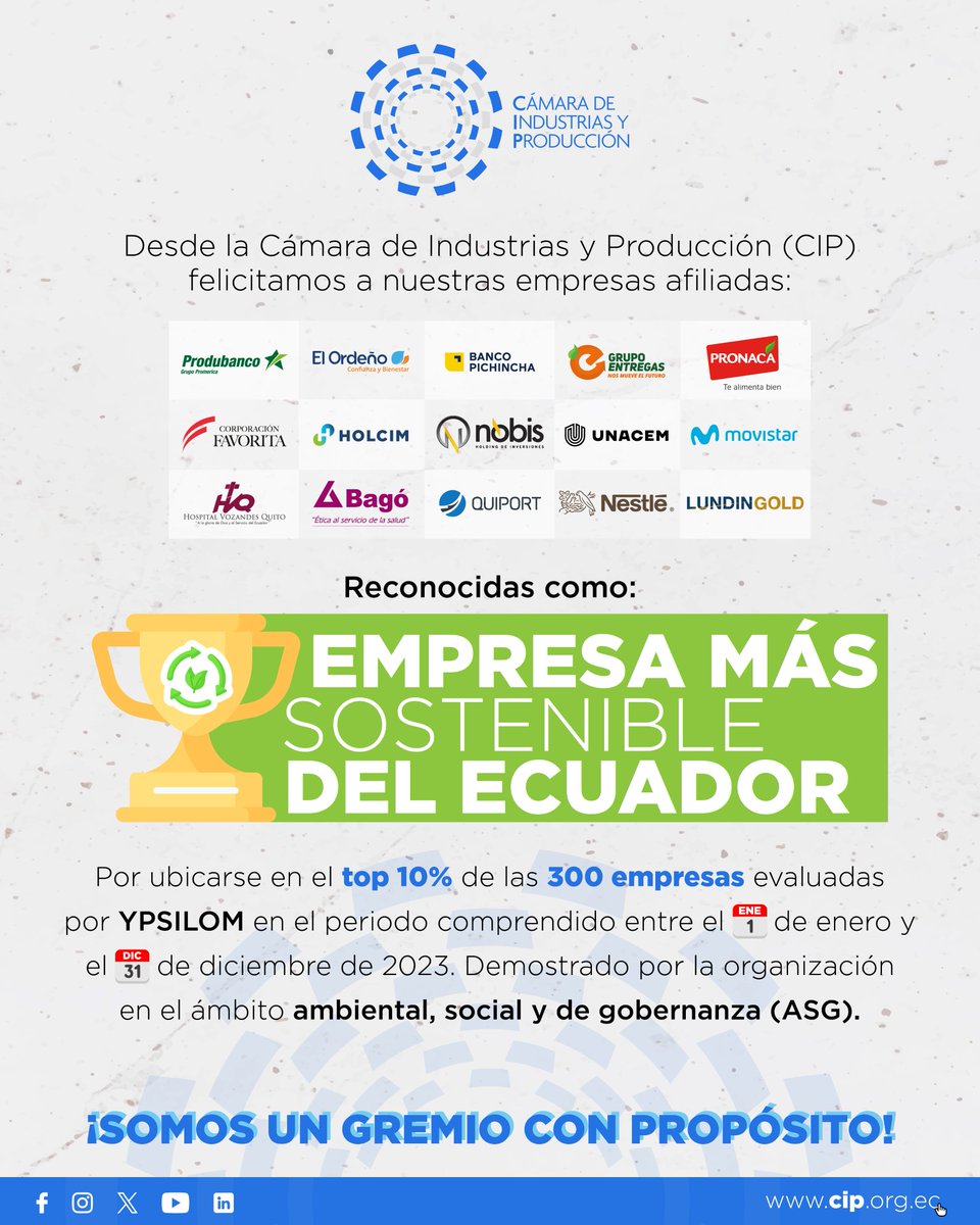 👏 ¡Felicidades a todas nuestras empresas afiliadas por ser parte del ranking @YpsilomRSE que destaca a las 30 empresas más ♻ sostenibles del #Ecuador🇪🇨! ✅Sin duda, este logro es un testimonio de su dedicación y compromiso con la sostenibilidad y el desarrollo del país.