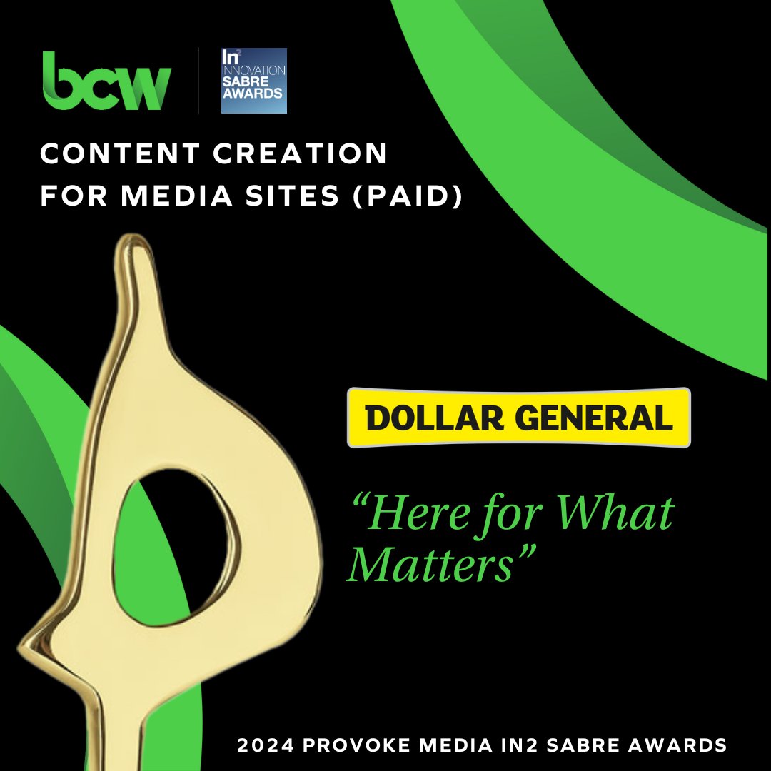 BCW North America has won four @Provoke_News In2 SABRE Awards and was named a finalist for the 'Platinum SABRE Award for Best in Show.' We're proud to be recognized for our work with @ChangeTheRef, @bradyunited, the @CarterCenter and @DollarGeneral. More: bit.ly/3TQgJbi