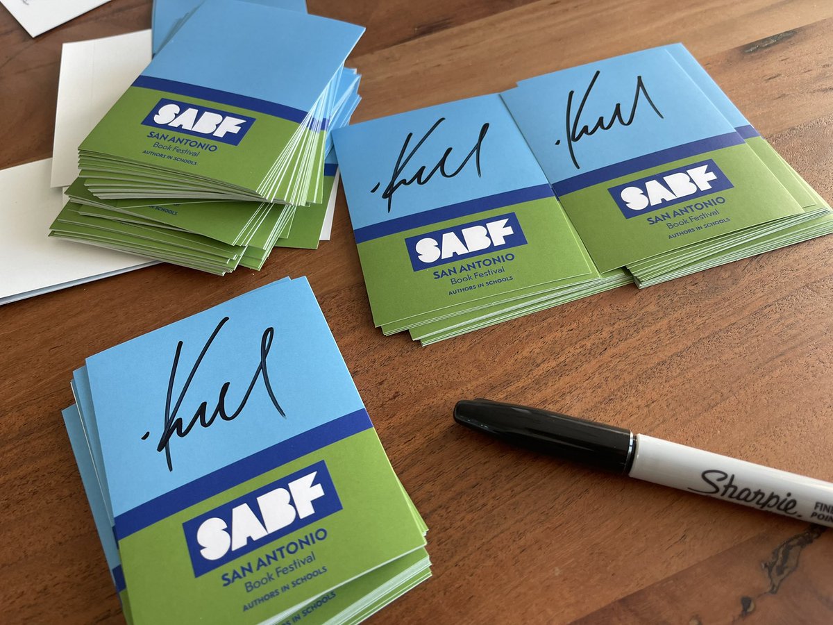 Signing bookplates for the San Antonio Book Festival @SABookFestival I’ll be speaking about Amulet: Waverider on April 13th at 2pm. I’ll also be signing after the event. sabookfestival.org/schedule-event…