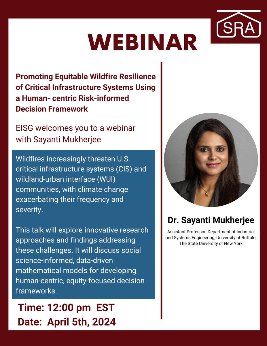 Presenting the EISG webinar with Sayanti Mukherjee @UBuffalo and @SUNY_Purchase. Register: burkinc.zoom.us/webinar/regist… #sra #webinar #wildlife #risk #riskanalysis