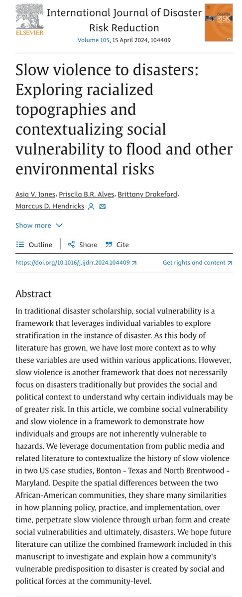 Excited to share my lab’s @sirjLab latest manuscript, “Slow Violence to Disasters: Exploring racialized topographies & contextualizing social vulnerability to flood & other environmental risks” led by our dual degree masters students, Asia Jones!👏🏾 sciencedirect.com/science/articl…