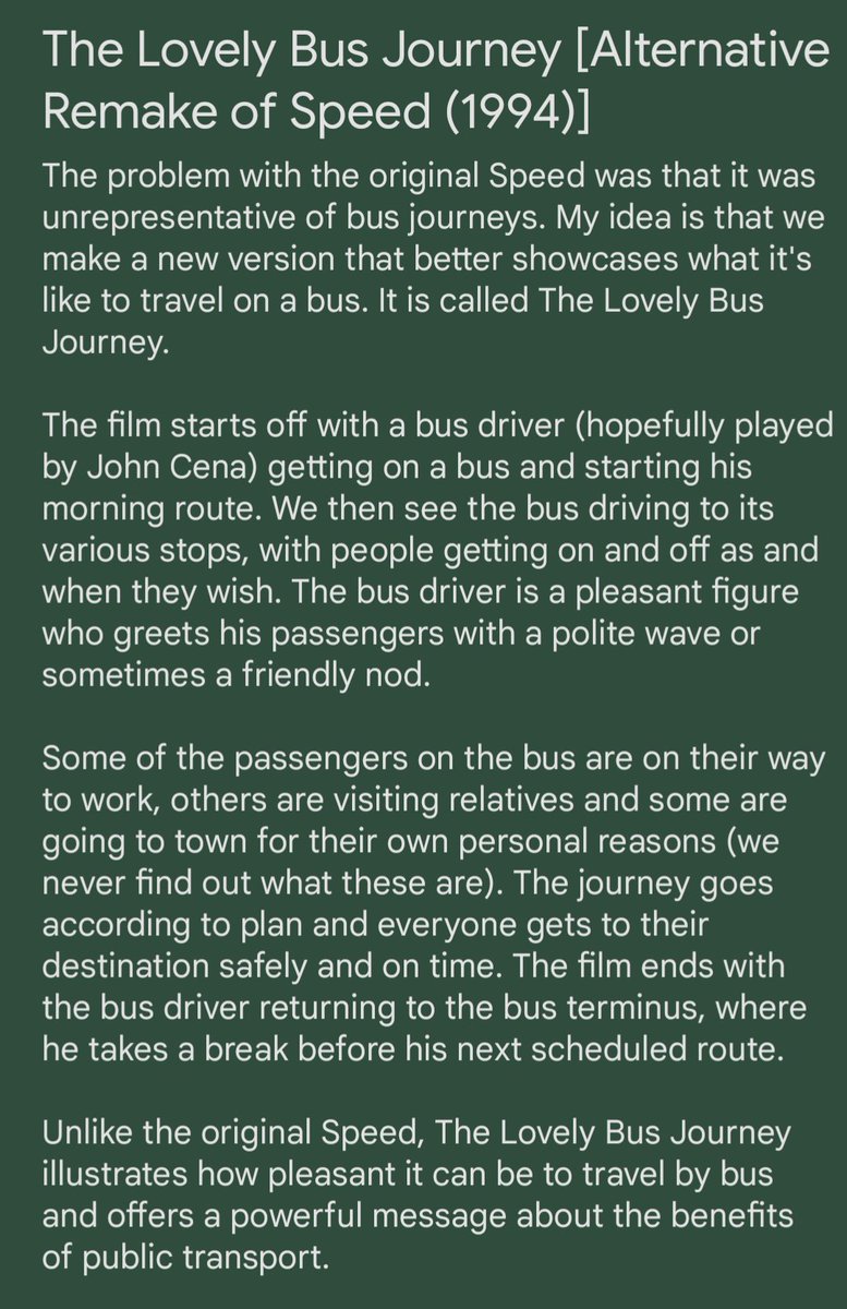 [Private Message to @JohnCena] Hi John. What did you think of the 1994 movie Speed? I didn't like it. Too noisy. So I've written a pitch for a much better adaptation with you in the lead role. Let me know if you want to be involved. Thanks. MC