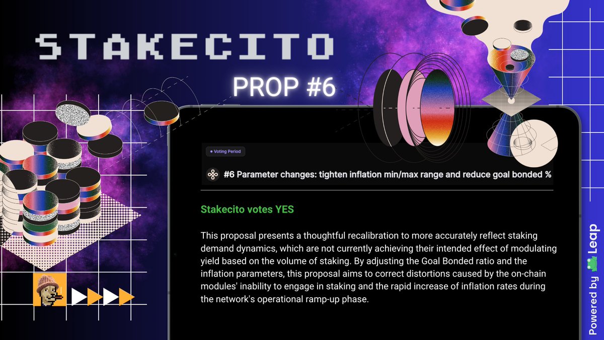stakecito's tweet photo. Dymension $DYM Proposal #6:
Parameter changes: tighten inflation min/max range and reduce goal bonded %
Stakecito votes YES ✅
#VoteCito