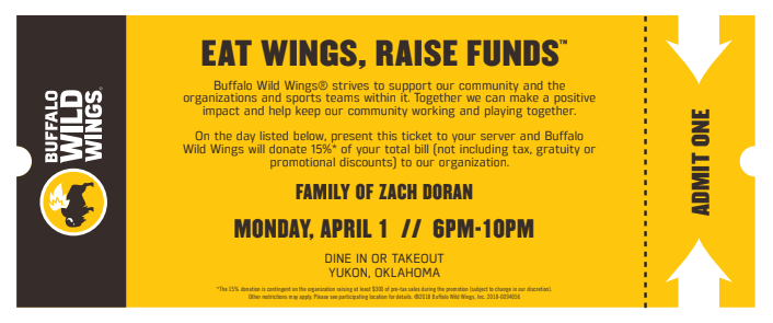 Please join us @BWWings in Yukon on Monday, April 1st from 6-10 PM as we celebrate the life of Zach Doran. 15% of the proceeds will benefit the Doran Family and their medical bills. @1BroncoFootball @MustangSchools