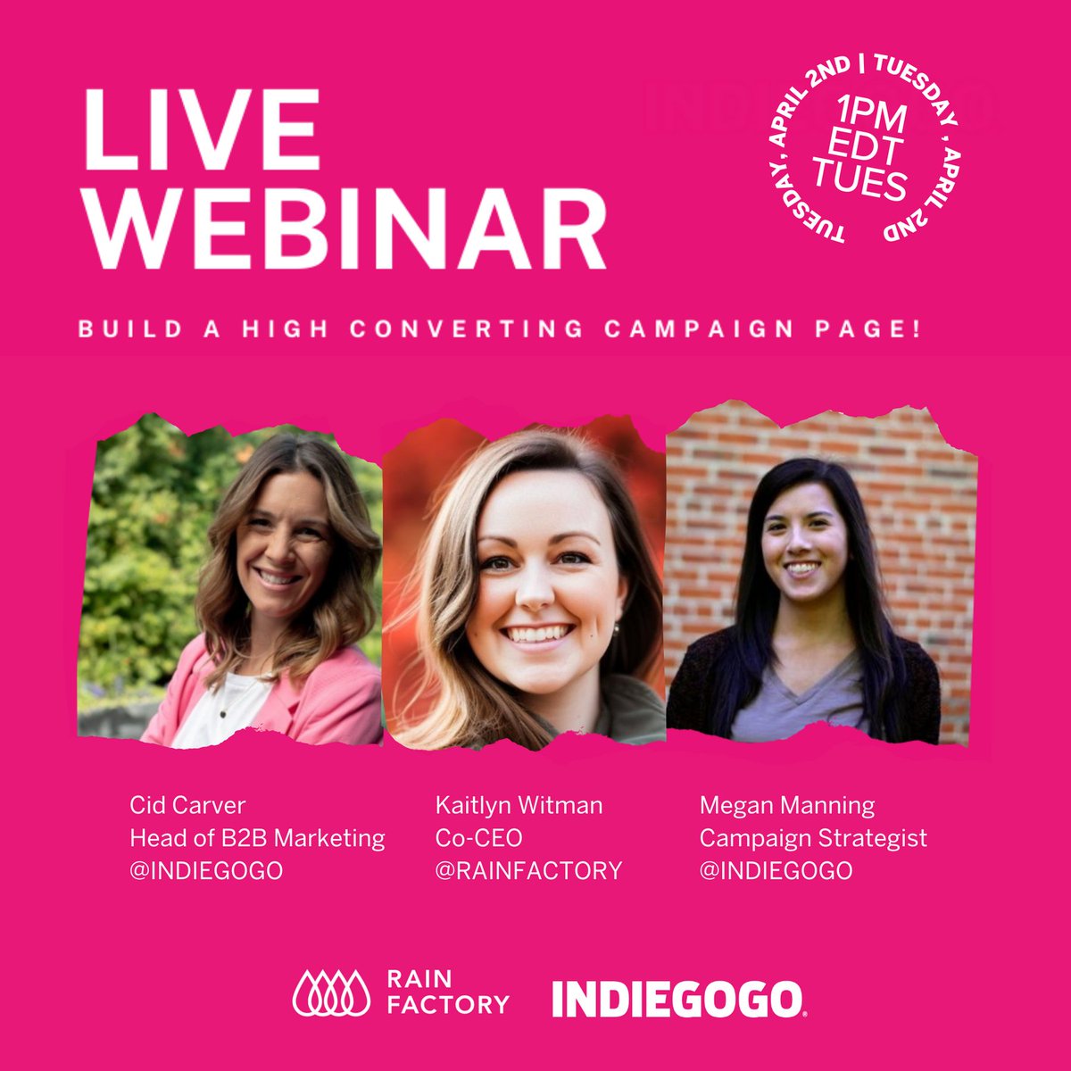 Join us on April 2nd for an exclusive live webinar where we'll dive deep into essential components and strategies necessary to create a high-converting campaign page on Indiegogo. Register now: bit.ly/RFIGGBB #Webinar #Crowdfunding #Rainfactory #Indiegogo