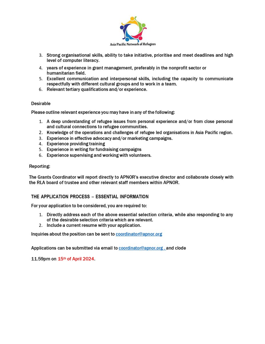 Join Our Team! We are #hiring ! Passionate about making an impact in #refugee #advocacy? We're hiring a Grants Coordinator at Asia Pacific Network of Refugees (APNOR)! 📅 Apps close April 15, 11:59pm. Send resume & cover letter to coordinator@apnor.org. #JobOpportunity