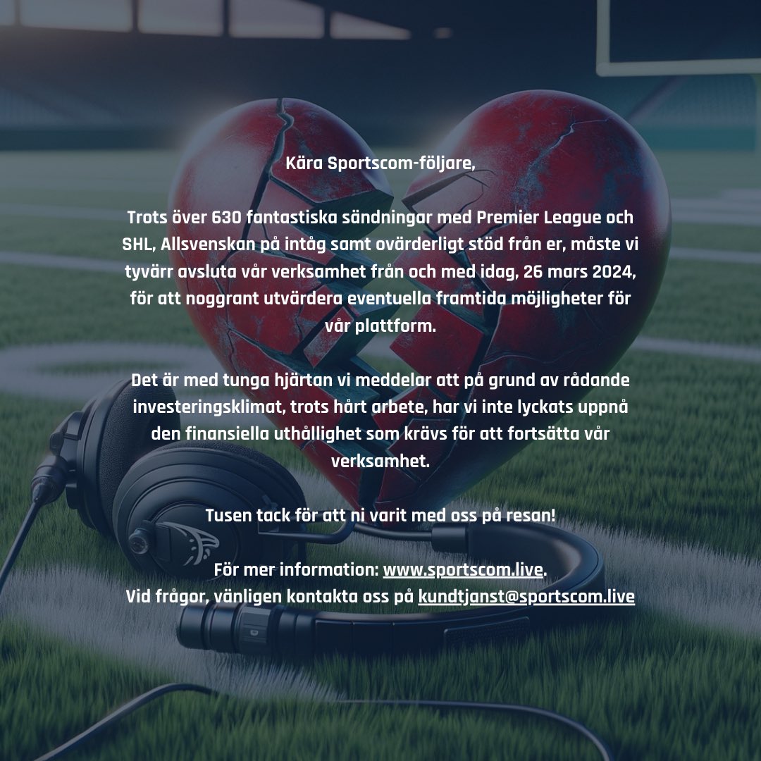 Sportscomlive's tweet image. Det är med tunga hjärtan vi idag måste gå ut med det här beskedet. Tusen tack för att ni varit med oss på den här resan!