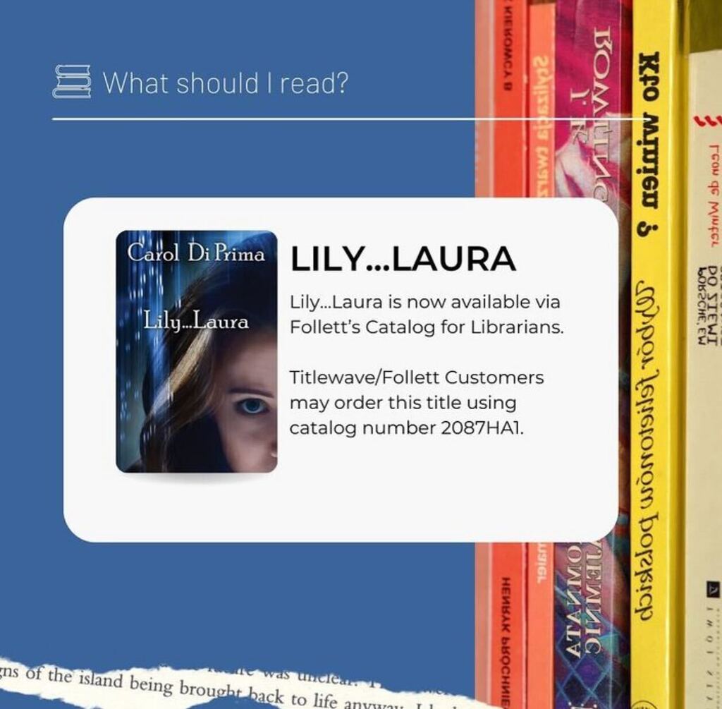 If your school library doesn’t have a copy, Lily…Laura is available via Follett’s Catalog for Librarians. 

Titlewave/Follett Customers may order this title using catalog number 2087HA1.

 #InClassWithYou #Librarians #Titlewave #FollettsLearning #Follet… instagr.am/p/C4-89wYLO77/