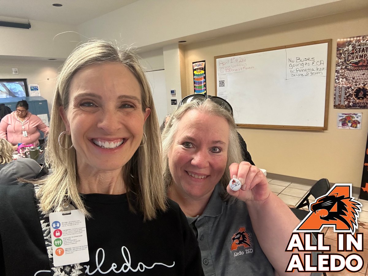 Most of our transportation employees consider the students on their route their kids & that's exactly how monitor Sheila Eichorn-Danz feels! She's #AllinAledo in the way she cares for her students, and Dr. Bohn was able to deliver Sheila this All In pin & take a #selfiewithsusan!