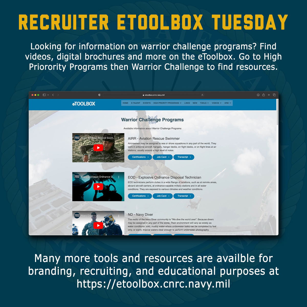Check out the Recruiter eToolbox for more tools and resources available. etoolbox.cnrc.navy.mil #USNavy #Recruiting #Forgedbythesea