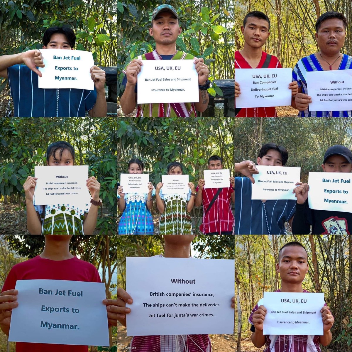 Karen youths and GSCN staged a photo campaign and called @USTreasury @GOVUK @UKParliament @HumanRightsCtte @EUinASEAN to #BanJetFuelExportsToMM on Mar26.
#2024Mar26Coup  #LegalizationOfNUG  #AgainstConscriptionLaw    #WhatsHappeningInMyanmar