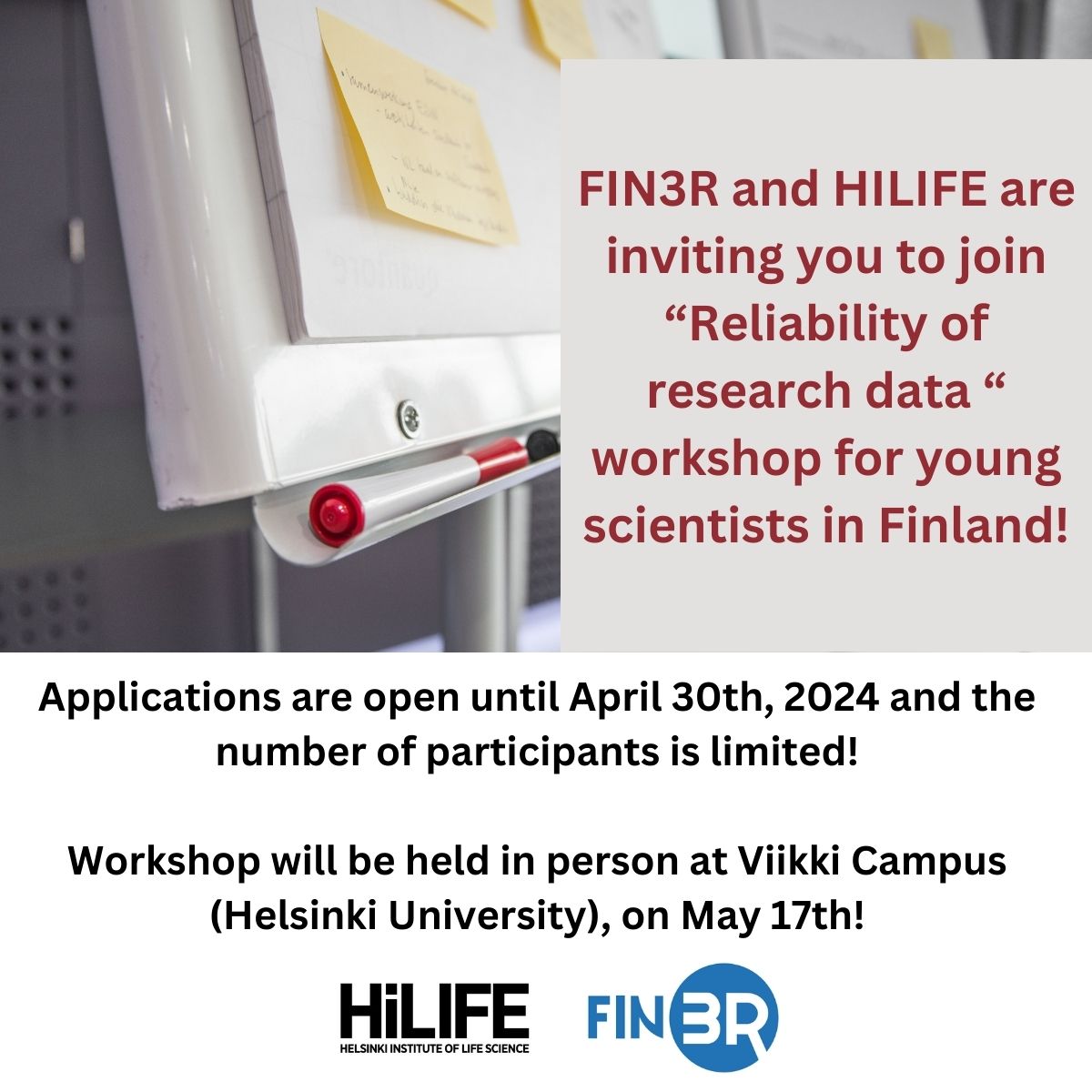 Reliability of research data #workshop by #FIN3R and @HiLIFE_helsinki for young researchers in 🇫🇮 Apply by April 30th, 2024! Hurry up to save your space, limited number of participants will be accepted! 🔗 More info: fin3r.fi/en/news 🗓️17.5. @helsinkiuni #3Rs #research