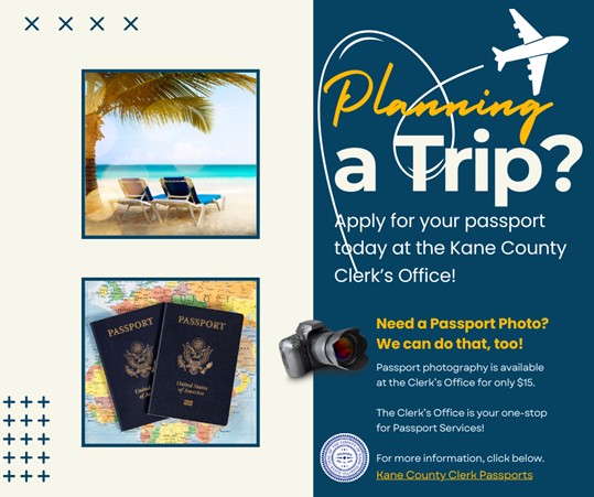 Traveling this summer and need a #passport? We can help! Processing time can take up to 8 weeks, so apply at the #KaneCounty Clerk's Office today! We accept applications M/T/Th/Fr 8:30am-4 pm & Wed 8:30 am-7:30 pm. For more info about how to apply, visit clerk.kanecountyil.gov/VitalRecords/P…