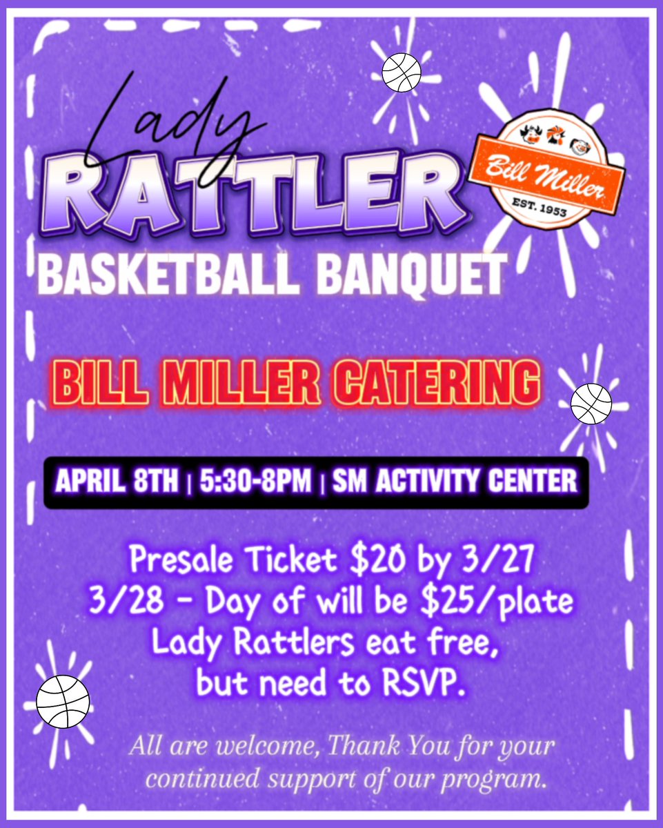 Rattler Nation Family, Friends, & Fans, please join us in celebrating our Lady Rattler Basketball Program at The San Marcos Activity Center on April 8, 2024 from 5:30-8pm. 💜🐍🏀 Plate purchase is available via Cashapp or Venmo. CashApp: $ladyratterbball Venmo: Ladyrattler_2022