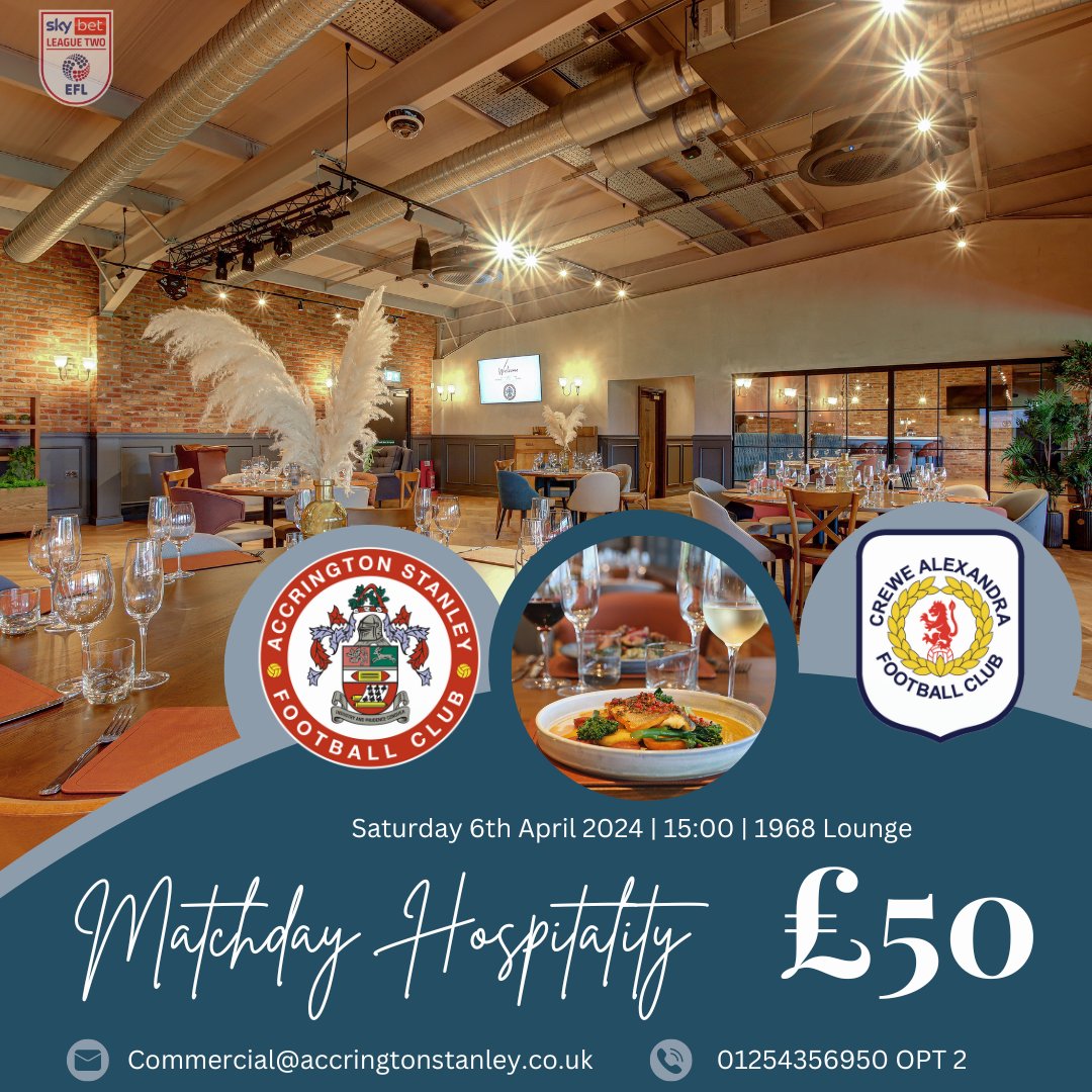 ❤ Matchday Hospitality Join us for a meal before the match against @crewealexfc on Saturday 6th April. Two-course meal with half time refreshments plus your match ticket only £50. Call 01254 356950 OPT2 today ☎️