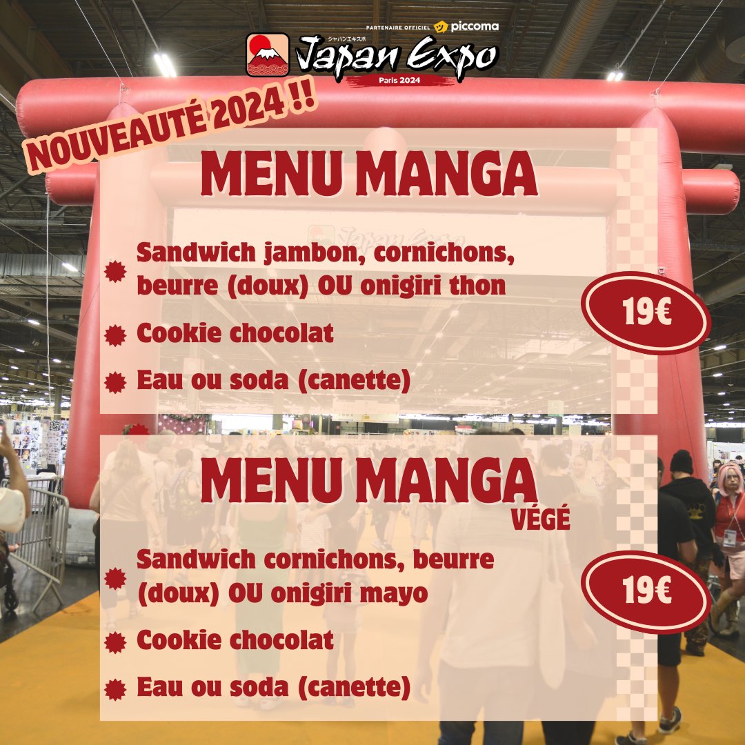 Nous l'avons enfin fait : le ✨ menu manga OFFICIEL Japan Expo ✨ Pour seulement 19€, savourez un sandwich digne de Sanji, un cookie aussi beau que Dark Sasuke et une boisson aussi fraîche que Sorbouboul 🥖🍪🥤 Et pour 2 menus manga achetés, vous en aurez 2 ✌️