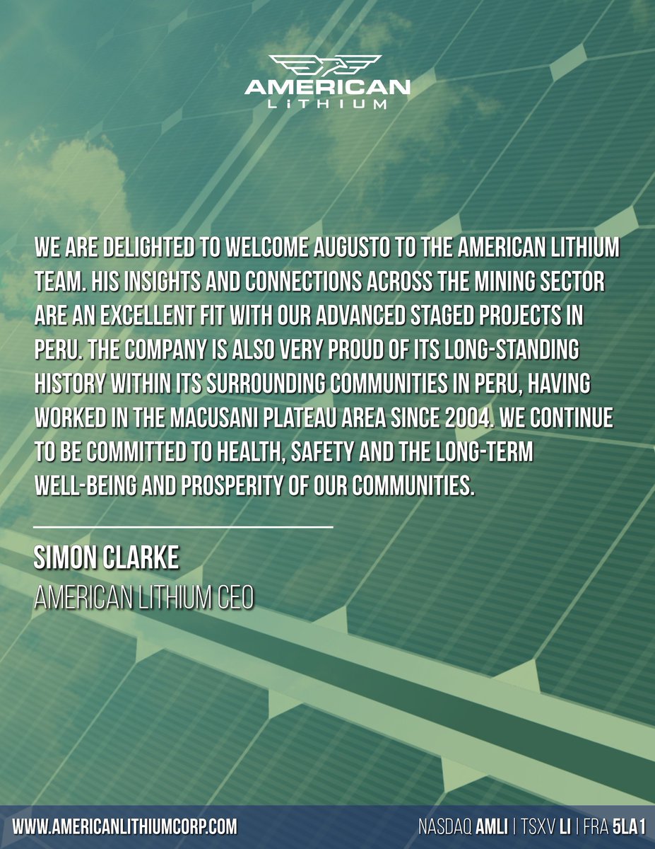 We're pleased to announce the appointment of the former Deputy Minister of Mines, Augusto Cauti, as a Strategic Corporate Advisor relating to our Peruvian Operations.

Additionally, we've commenced a major technical/social initiative on the Macusani Plateau. The solar