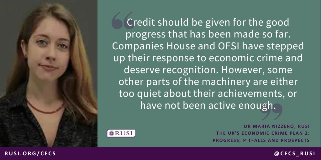 📢New RUSI Commentary from @MariaNizzero! 'The UK's Economic Crime Plan 2: Progress, Pitfalls and Prospects'. In her latest commentary, Maria analyses the impact, areas of success, and ongoing issues of ECP2 one year since its inception. Read more here: bit.ly/4aywEAB