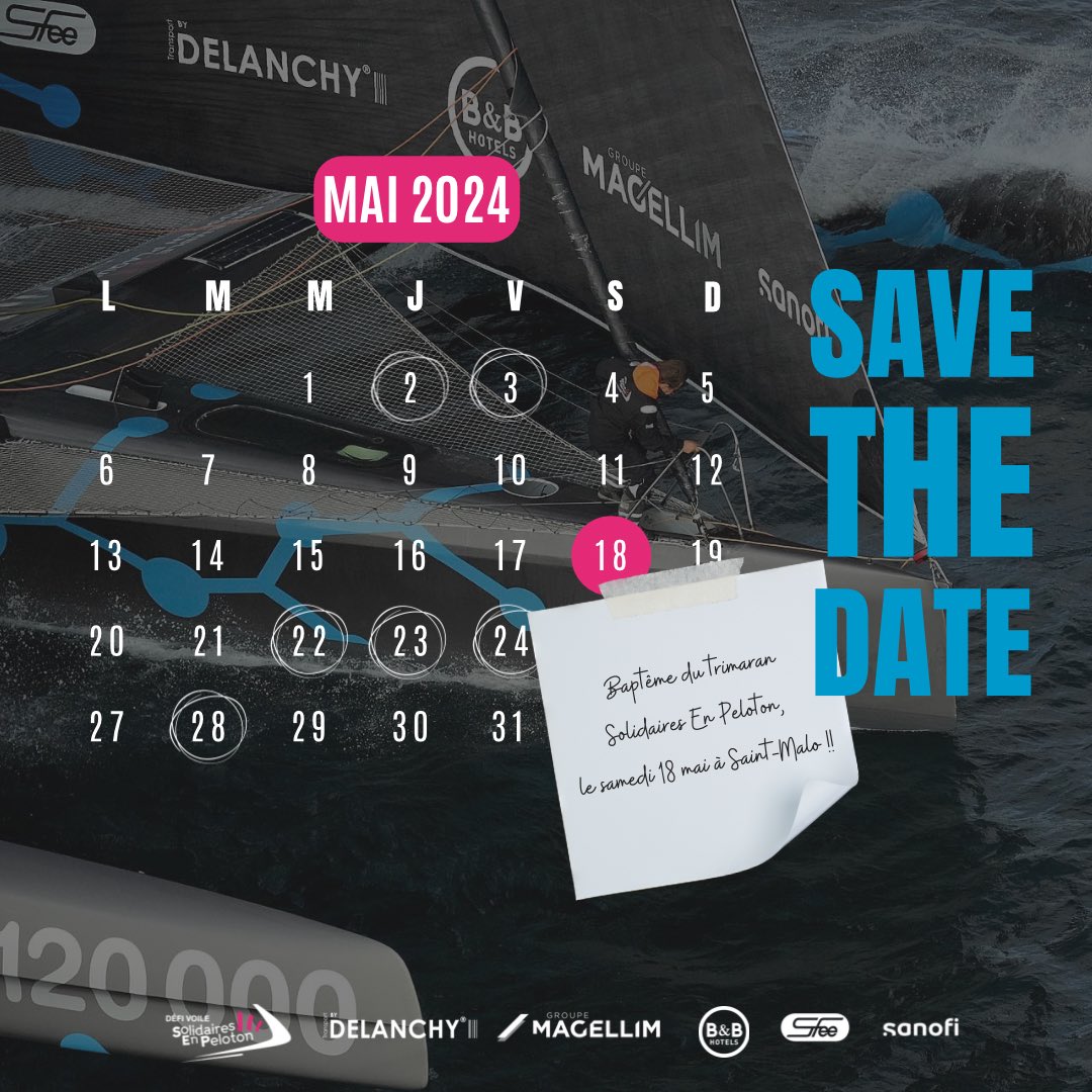 📌 | 𝗔̀ 𝗩𝗢𝗦 𝗔𝗚𝗘𝗡𝗗𝗔𝗦

Toute l'équipe du #DéfiVoileSolidairesEnPeloton vous invite à bloquer la date du 𝟭𝟴 𝗺𝗮𝗶 !🤭

Nous serons heureux de vous retrouver pour le 𝗯𝗮𝗽𝘁𝗲̂𝗺𝗲 de notre #OceanFifty Solidaires En Peloton 𝗮̀ 𝗦𝗮𝗶𝗻𝘁-𝗠𝗮𝗹𝗼 !

🔜 Le programme…