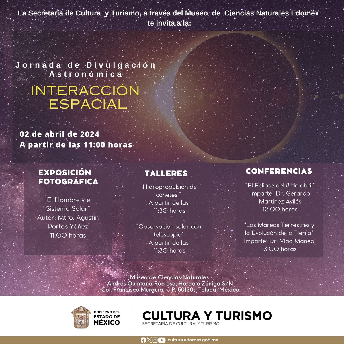 🌘 No te pierdas la gran Jornada de Divulgación Astronómica 'Interacción Espacial' 🚀🌌 del Museo de #CienciasNaturalesEdoméx 💚, ven y disfruta de talleres, conferencias y una exposición de foto.
¡Te esperamos! ✨

📅 2 de abril
⏰ A partir de las 11:00 horas.
Más detalles 👇🏽.