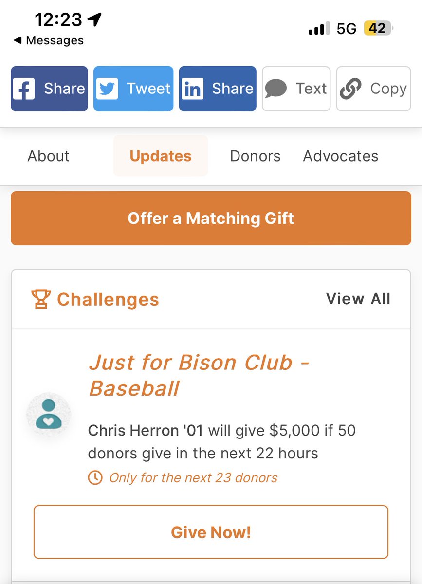 We have another challenge going. Thank you to Chris Herron ‘01 who will release 5K after 50 more donors. He still swings for the fences and never gets cheated! Every participant counts! #OneHerdOneDay