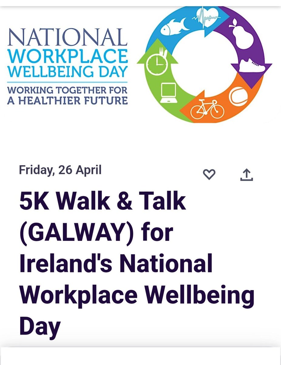 Delighted to say I am the local organiser for a 5K Walk &amp; Talk in Salthill, Galway on April 26th.

Overall initiative is organised by <a href="/team_workwell/">Work Well Community</a> 

It's a free event - just click the link to briefly sign up. 

Can't wait for walking, chatting &amp; coffee!

eventbrite.ie/e/5k-walk-talk…