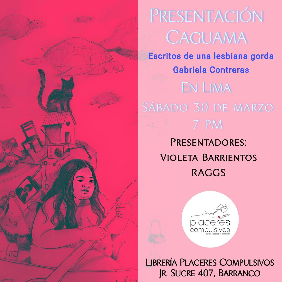 nuggets_raggs's tweet photo. este sábado 30/3 presentamos "caguama. escritos de una lesbiana gorda" (FEA Feminismo/ Estrías/ Autogestión), de la poeta chilena Gabriela Contreras, quien nos acompañará junto a Violeta Barrientos Silva.
es este sábado 30/3 en la librería Placeres compulsivos de barranco. https://t.co/aB6ZAh6VIf