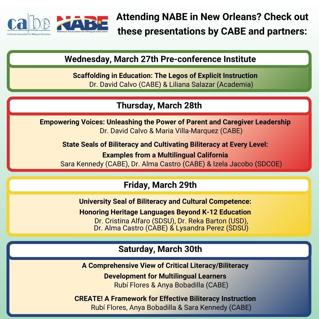 Attending #NABE2024 in #NOLA this week? Along with a Pre-Conference Institute tomorrow, our CABE team and partners are presenting on a variety of topics. Full details on time and location are in the @NABEorg program: buff.ly/3IQFgXy