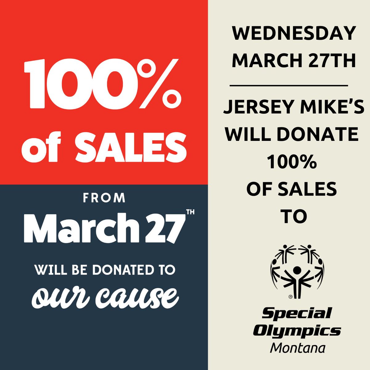 Special Olympics Montana (@so_montana) on Twitter photo IT'S ALMOST HERE!!!!
Tomorrow, March 27th, Jersey Mike's locations in Billings, Great Falls, Missoula and Kalispell will be donating 100$ of ALL SALES (Not profit, not percentage, but ALL SALES) to Special Olympics Montana.
#jerseymikesgives
<a href="/jerseymikes/">Jersey Mike's Subs</a> IT'S ALMOST HERE!!!!
Tomorrow, March 27th, Jersey Mike's locations in Billings, Great Falls, Missoula and Kalispell will be donating 100$ of ALL SALES (Not profit, not percentage, but ALL SALES) to Special Olympics Montana.
#jerseymikesgives
<a href="/jerseymikes/">Jersey Mike's Subs</a>