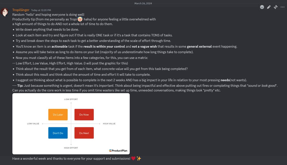 Just me being cringe but sharing a quick productivity tip I shared in the discord: Focus: What's the bare minimum bare bones version of your product/project you can define as complete and usable? Add bells and whistles later in next iterations. ¡Exito! #productivitytips #VRC