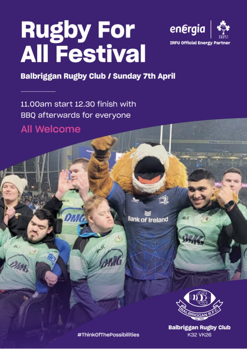 We are very excited to host the Rugby For All festival on the 7th of April. It kicks off at 11am and is sure to be a fantastic day. All are welcome to come down and support the teams! #ThinkOfThePossibilities