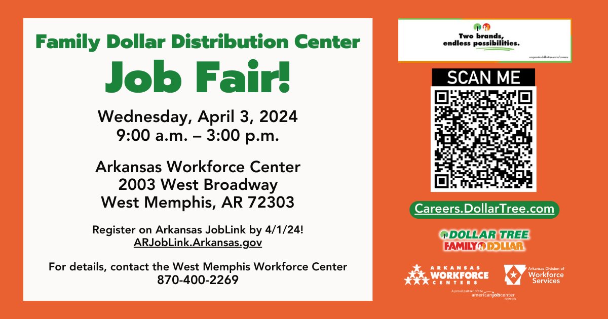 We're helping @familydollar build their team in West Memphis! Come to the job fair at the West Memphis Workforce Center on Wednesday, April 3rd, 9-3, and be sure to create or update your account in Arkansas JobLink ahead of time at arjoblink.arkansas.gov SEE YOU THERE! #hiring