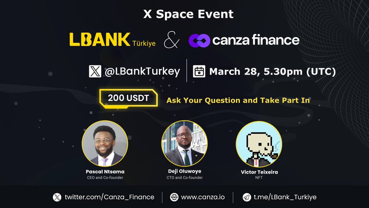 🚀 Join us live this Thursday on <a href="/LbankTurkey/">Lbank Global Takipçi Topluluğu</a>'s Space as we discuss some of Canza's offerings and the current usecases around RWAs

There are prizes to be won
🎁 200 $USDT
⏰ March 28, 20.30
📍 x.com/i/spaces/1vOxw…

For Prize Pool👇

✅ Follow ( @LBankTurkey &amp; @canza_finance)