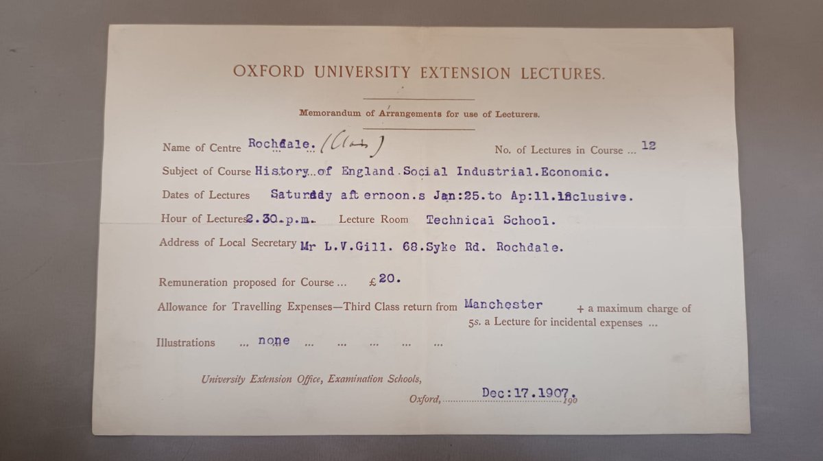Have spent today looking through @TUC_Library WEA archives investigating the first Tutorials in Rochdale and Longton. Some absolutely fascinating stuff. Here's the Oxford Uni memorandum of arrangements for the Rochdale class tutored by RH Tawney