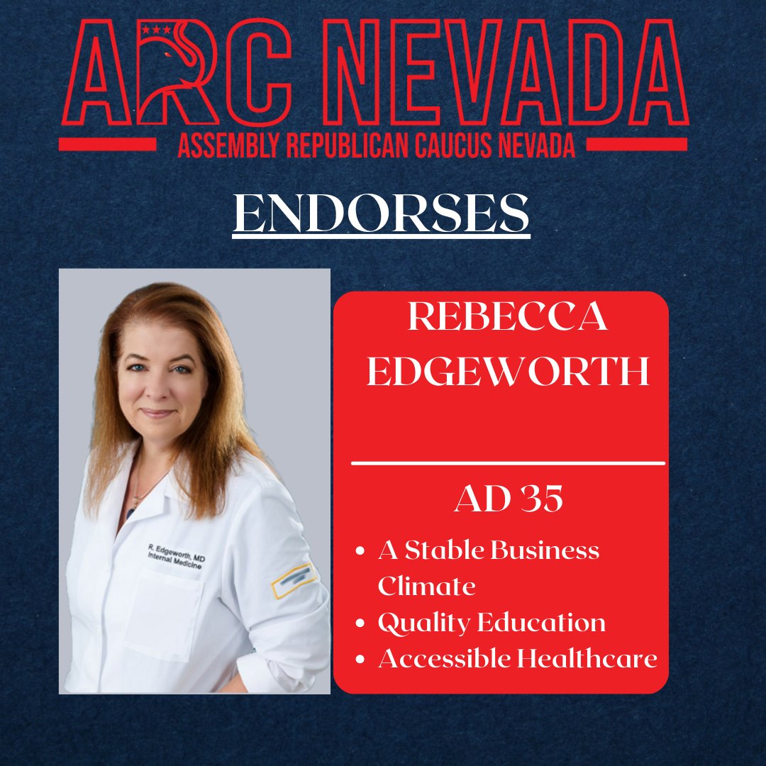 The Assembly Republican Caucus is proud to endorse @EdgeworthForNV for Assembly District 35. 

Her background as a physician gives her invaluable experience that will be put to use helping Nevadans in Carson City. 

#nvpol #nvleg