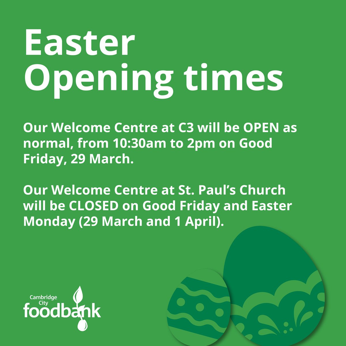 Some of the opening times at our Welcome Centres have changed because of the #Easter #BankHoliday. More details: cambridgecity.foodbank.org.uk/2024/03/22/eas…