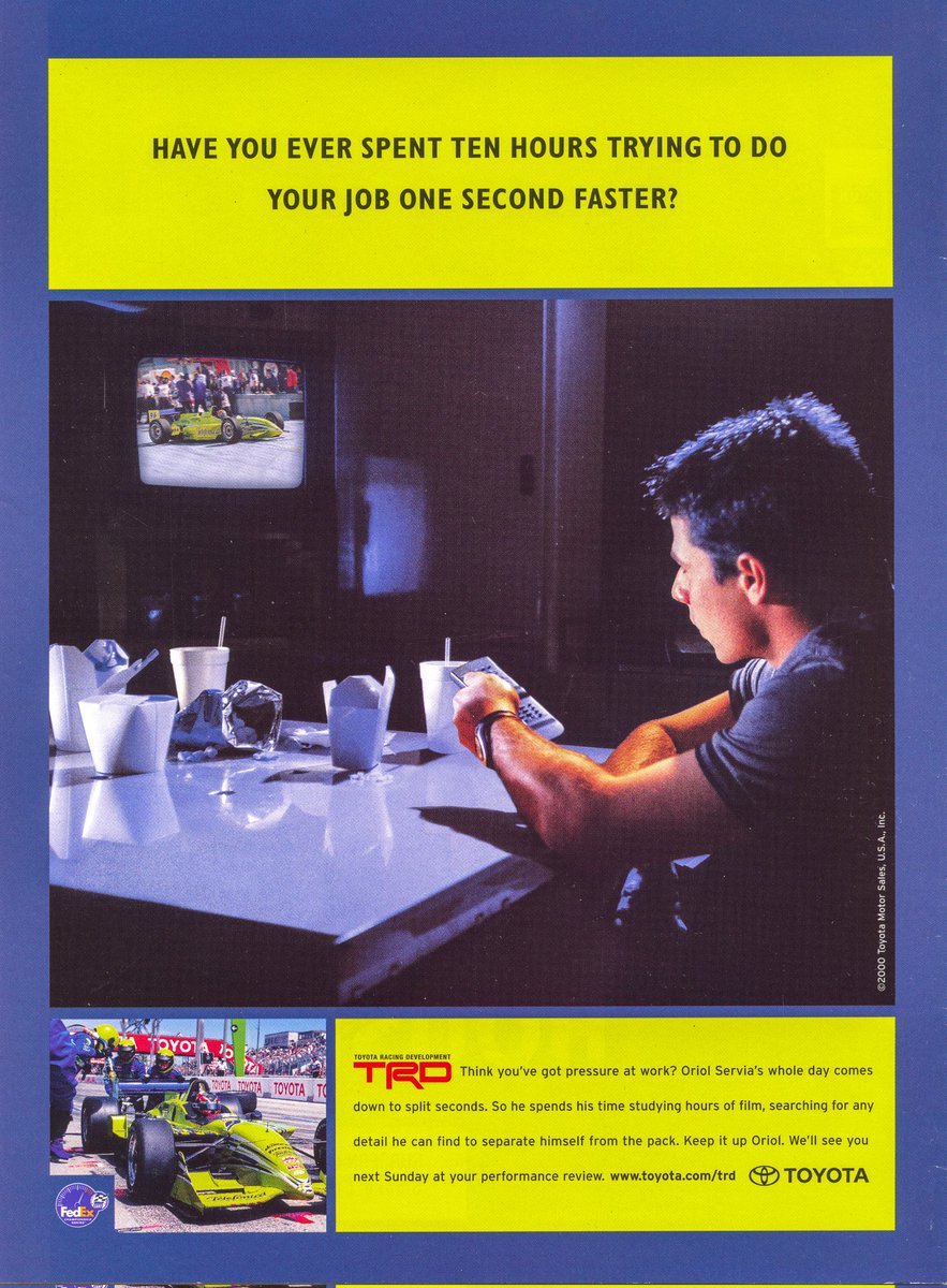 A 2000 Toyota Racing Development (TRD) print ad with then rookie @OriolServia. He drove for the PPI Motorsports team owned by Cal Wells. Oriol Servia's Champ Car was the #96 Telefónica Reynard 2KI/Toyota with a distinctive livery color, lime yellow(?).