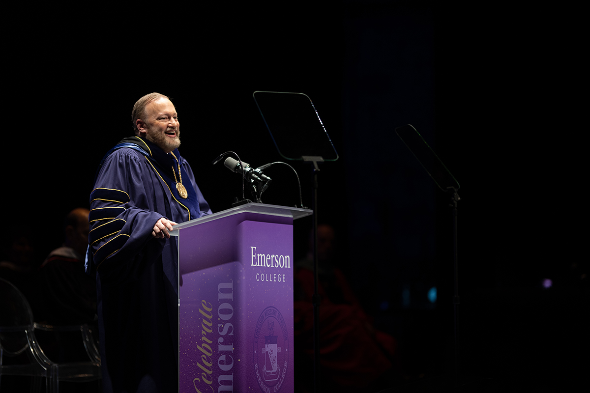 President @jaybernhardt, newly sporting the regalia and medallions of his office as president of @EmersonCollege, looked out at the Emersonians and guests assembled in the Cutler Majestic Theatre for his Investiture ceremony on Friday, March 22: shorturl.at/xFN17