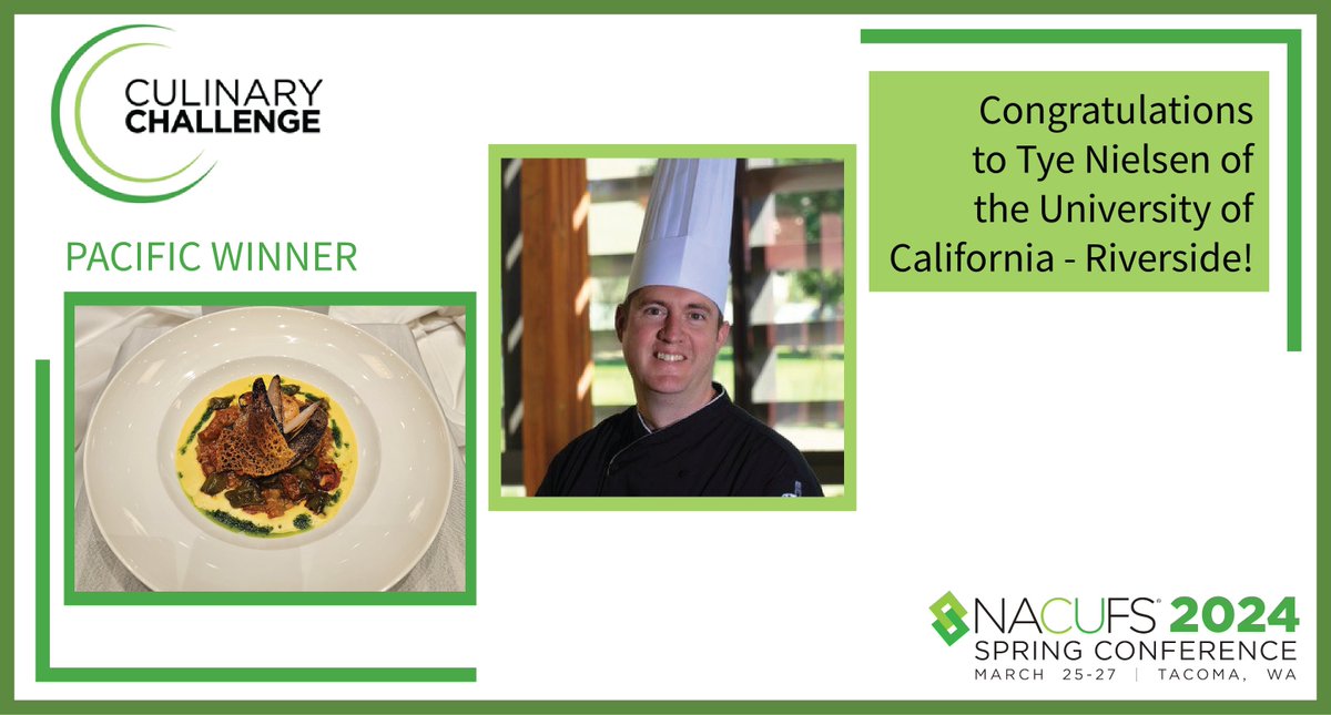 🎊🏆 Congratulations to Chef Tye Nielsen of the University of California - Riverside, first place winner of NACUFS’ Pacific regional 2024 Culinary Challenge! Kudos and well done! 👏✨ #NACUFS #SpringConference #Tacoma #CultivatePossibility #GrowWithNACUFS