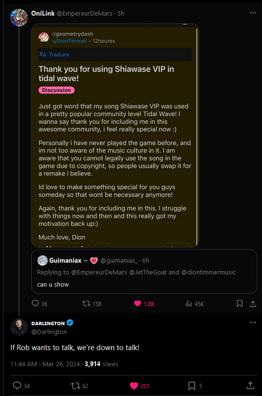 today_gd's tweet image. Monstercats CEO Darlington endorses the idea of “Shiawase VIP",  Tidal Waves NONG, being permitted in Geometry Dash following an appreciation post on Reddit from the artist of the song Dion Timmer