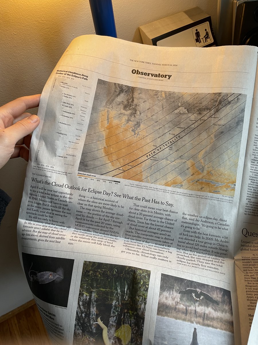 Our piece on historical cloud outlook for April 8's total solar eclipse 🌚🌞 published in today's @nytimes paper. Two more weeks to the big day! nytimes.com/interactive/20…