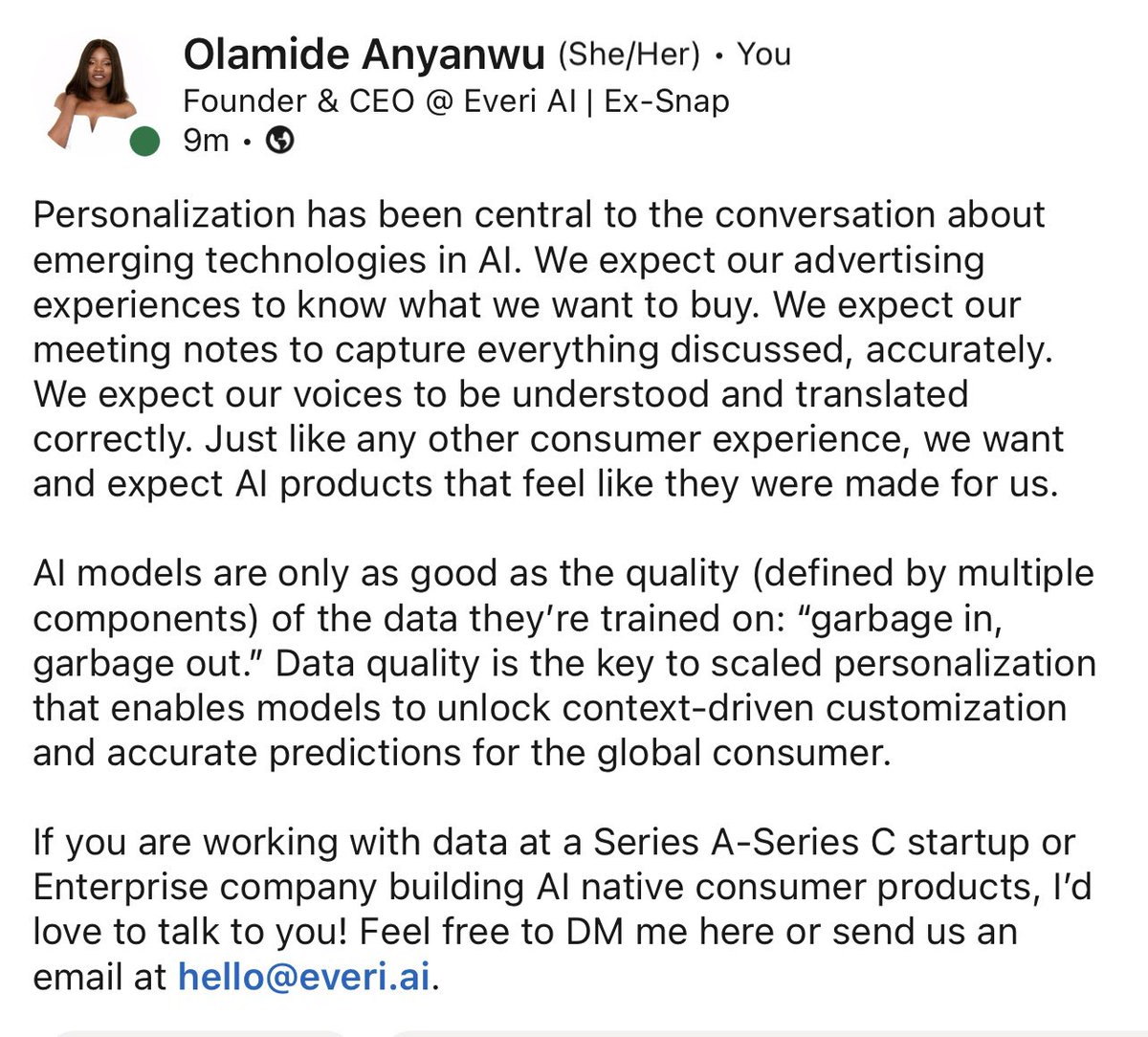 💡Data quality is the key to scaled personalization. 

Do you work with data at a Series A-Series C startup or at an Enterprise company building AI native consumer products? 

I’d love to talk to you! Message me or email us hello@everi.ai !!