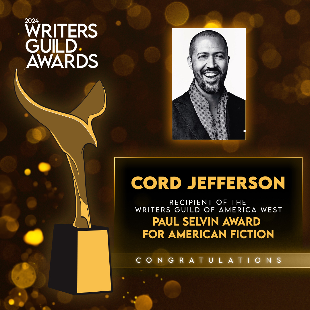 Congratulations to @cordjefferson, recipient of the WGAW 2024 Paul Selvin Award in recognition of his writing of American Fiction! awards.wga.org/awards/awards-…