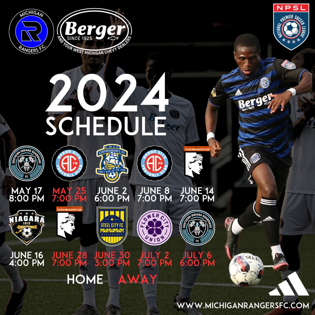 MRFC_NPSL's tweet image. The schedule for 2024 has been released! You can now purchase your game tickets and season tickets here:
linktr.ee/michiganranger…
#NPSL #MichiganRangersNPSL #competition #letsgo #greatlakesconference