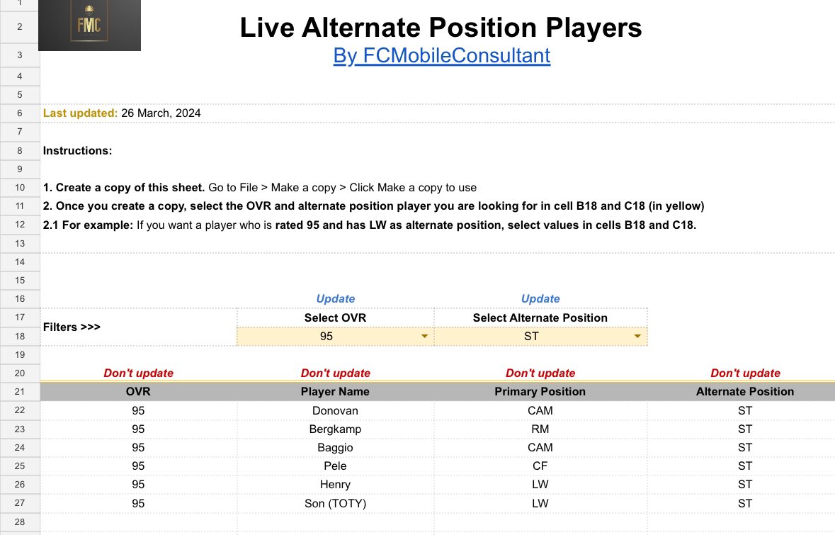 Introducing new tool “Live Alternate Position Players”

- Use this automated tool to plan your team &amp; find best alternate players
- This is a live tool &amp; will be updated on a weekly basis 

For access:

- Kindly follow <a href="/fcmobileconsult/">FC Mob Consultant</a> 
- Repost 🔄
- Confirm &amp; DM your Gmail ID