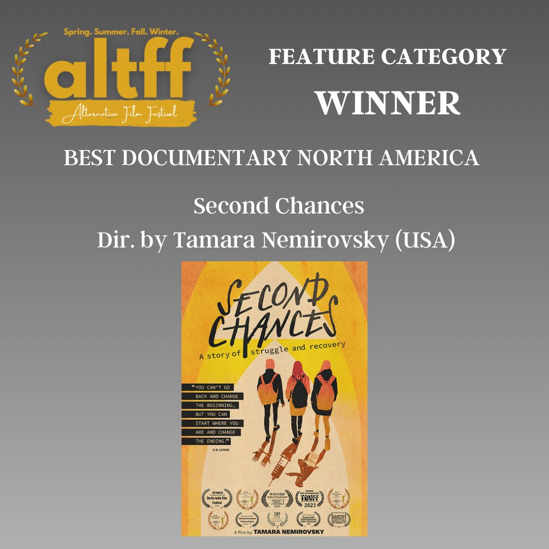 AltFilmFest's tweet photo. FEATURE CATEGORY Best Documentary North America: Second Chances - Dir. by Tamara Nemirovsky (USA)
#alternativefilmfestival #altffspring2024 #filmfestival #filmawards #filmcommunity #filmmakers #filmfreeway #filmfestivals #torontofilms #torontofestivals #imdb #imdbawards https://t.co/cprthQLWEb
